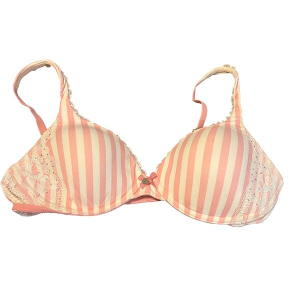 Victorias Secret Striped Pink & White Lined Perfect Coverage Bra 34C - Picture 1 of 3